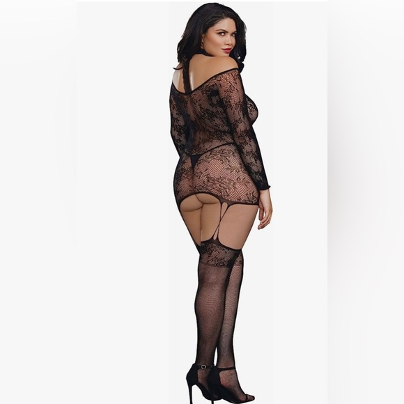 Dreamgirl Women's Plus Lace Patterned Knit Garter Dress with Stockings Black - Picture 2 of 11